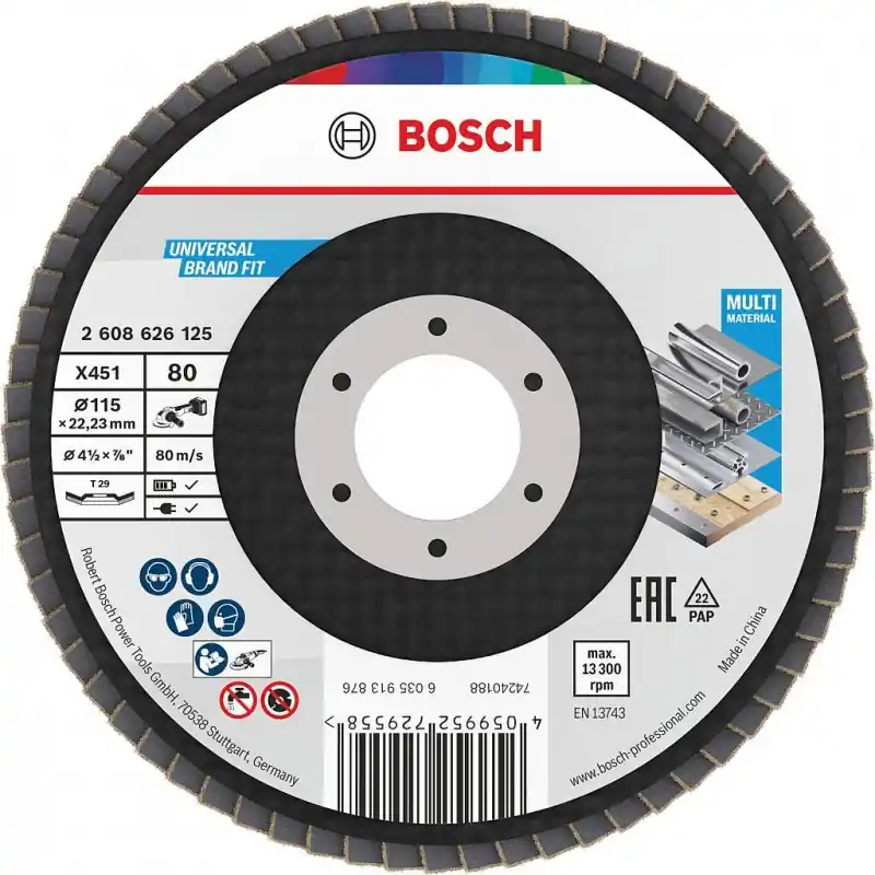 BOSCH X451 Fächerschleifscheibe, 115 x 22,23 mm, G80, T29, 2608626125 Geprüft