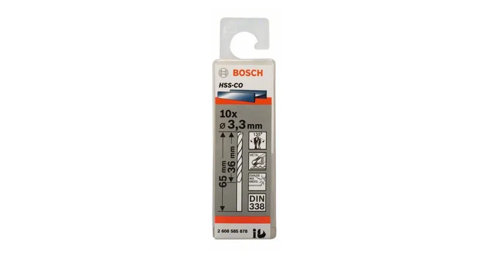 BOSCH Bohrer für Metall HSS-Co, DIN 338 3,3 x 36 x 65 mm (10 Stück) 2608585878 Nur Für Kurze Zeit