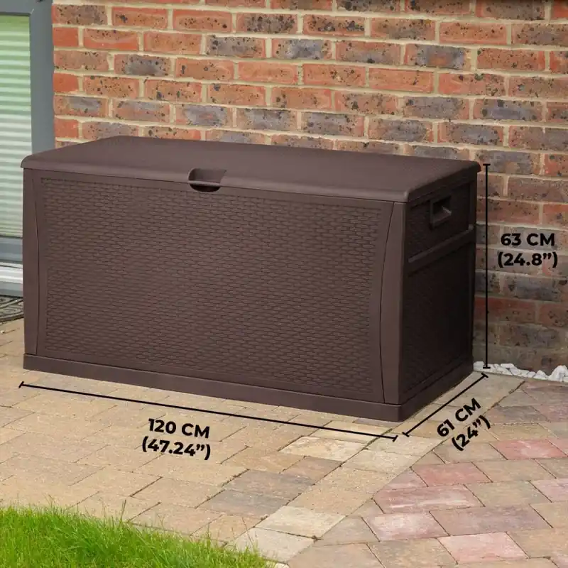 TOUGH MASTER 460L Outdoor-Aufbewahrungsbox Kunststoff, Rattan-Optik, Klappdeckel mit Riegel, wasser- und wetterfest, 120 x 61 x 63 cm, braun ( TM-SBR46 ) Sonderangebot