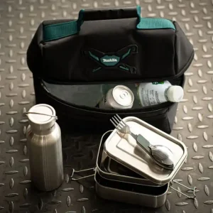 Neue Ware Toolbrothers Fan Lunchpaket in Makita Kühltasche mit Edelstahl Brotdose mit Trennfächern und Edelstahldeckel 1200 ml + Edelstahl Trinkflasche 500 ml + 4 in 1 Multifunktions Besteck