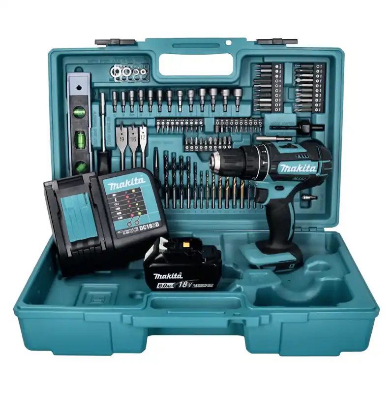 Makita DHP 482 SGX5 Akku Schlagbohrschrauber 18 V 62 Nm + 1x Akku 6,0 Ah + Ladegerät + 101 tlg. Zubehör Set + Koffer Direktkauf