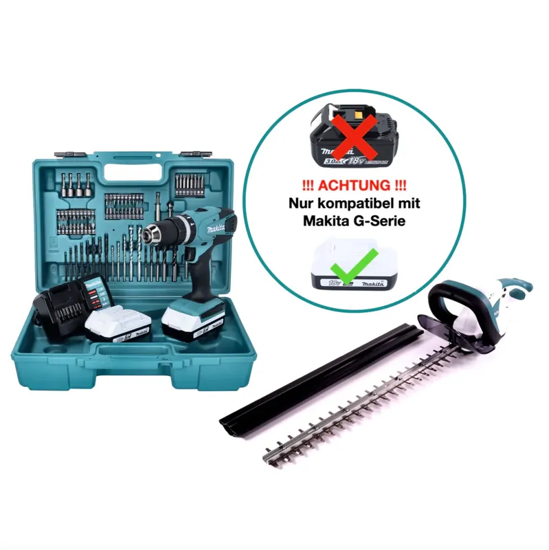 Makita DF 457 DWE Akku Bohrschrauber 18 V 42 Nm G-Serie + Makita UH 522 DZ Akku Heckenschere 18 V 52 cm + 2x Akku 1,5 Ah + Ladegerät + Koffer Echt