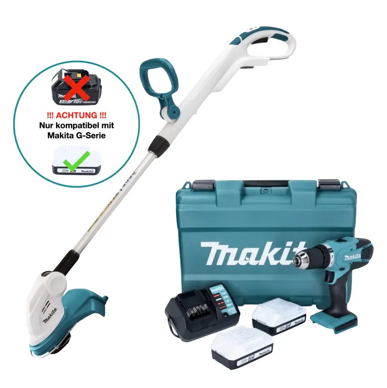 Makita UR 180 DZ Akku Rasentrimmer 18 V 260 mm G-Serie + DF 457 DWE Akku Bohrschrauber 18 V 42 Nm + 2x Akku 1,5 Ah + Ladegerät + Koffer Meistverkauft