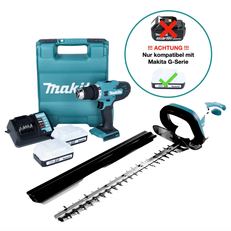 Geprüft Makita DF 488 DWE Akku Bohrschrauber 18 V 42 Nm G-Serie + Makita UH 522 DZ Akku Heckenschere + 2x Akku 1,5 Ah + Ladegerät + Koffer