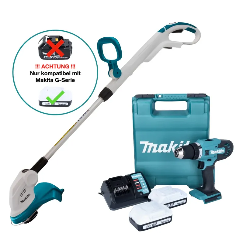 Makita DF 488 DWE Akku Bohrschrauber 18 V 42 Nm G-Serie + Makita UR 180 DZ Akku Rasentrimmer + 2x Akku 1,5 Ah + Ladegerät + Koffer Highlight