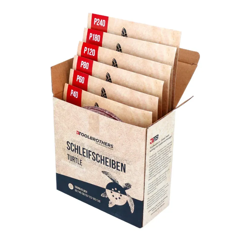 Toolbrothers TURTLE Schleifset 150 mm Klett 6 Loch je 10x P40 / P60 / P80 / P120 / P180 / 240 für Hartholz, Weichholz, Lack, Stein, Stahl, Aluminium, Furnier Letzte Chance