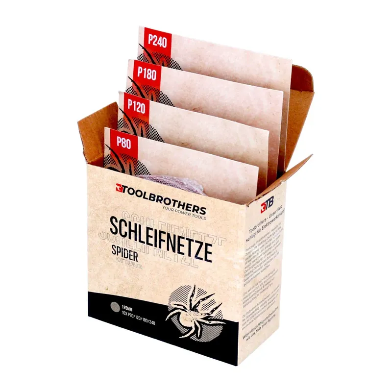 Toolbrothers SPIDER Schleifset Netz Schleifmittel Schleifnetze 125 mm Klett je 10x P80 / P120 / P180 / P240 für Hartholz, Weichholz, Lack, Stein, Stahl, Aluminium, Furnier Neu