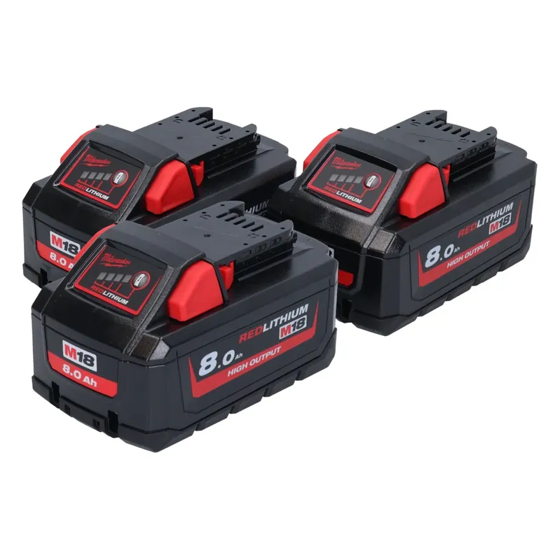 Begrenztes Angebot Milwaukee M18 HB8 Akku Set 3x 18 V 8,0 Ah / 8000 mAh Li-Ion High Output ( 3x 4932471070 ) mit Ladestandsanzeige