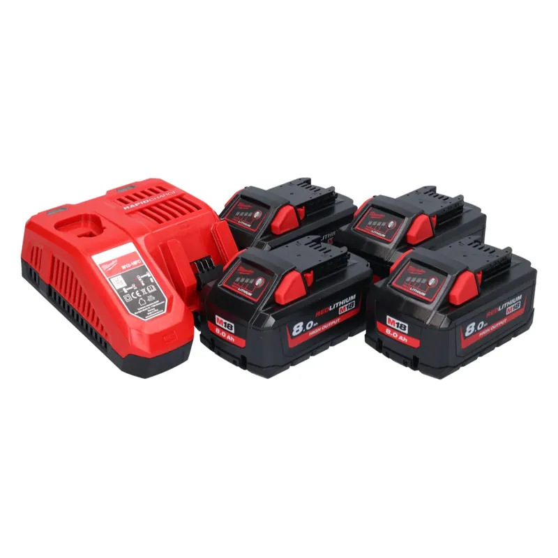 Milwaukee M18 HNRG-804 Akku Starter Set High Output 18 V + 4x HB8 Akku 8,0 Ah ( 4x 4932471070 ) + M12-18 FC Ladegerät ( 4932451079 ) Echt