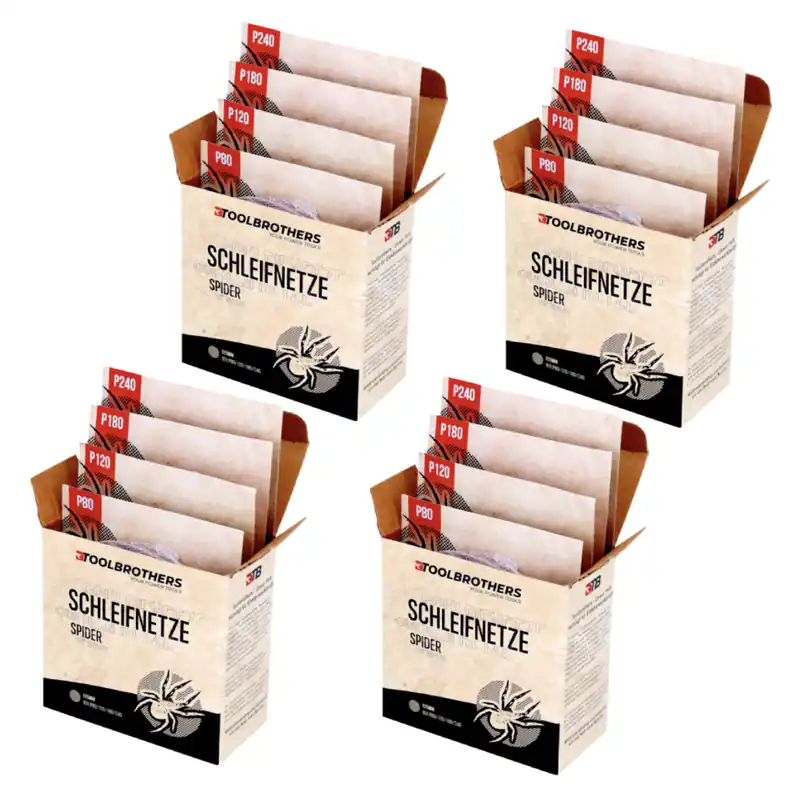Abverkauf Toolbrothers SPIDER Schleifset Netzschleifmittel 4 Packungen 160x Schleifnetze 125mm Klett je 40x P80 / P120 / P180 / 240 für Hartholz, Weichholz, Lack, Stein, Stahl, Aluminium, Furnier