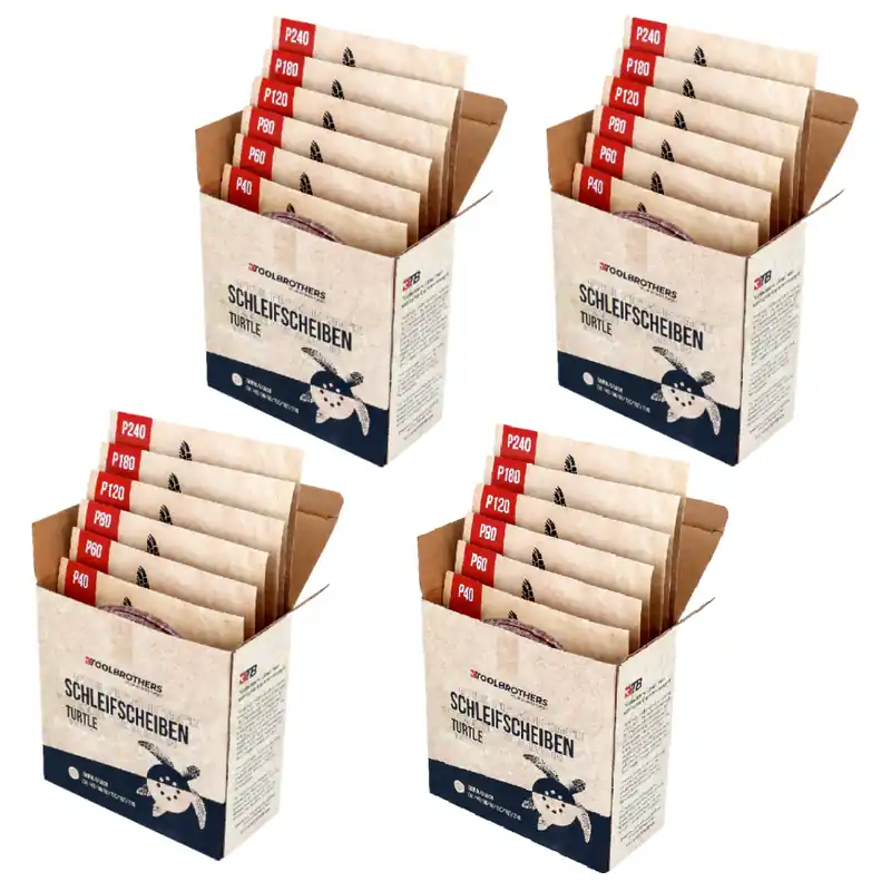 Preisknaller Toolbrothers TURTLE Schleifset 4 Packungen 240x Schleifscheiben 150 mm Klett 6 Loch je 40x P40 / P60 / P80 / P120 / P180 / P240 für Hartholz, Weichholz, Lack, Stein, Stahl, Aluminium, Furnier