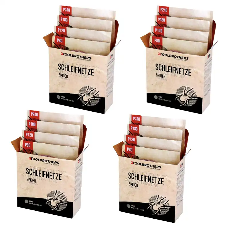 Wochenendangebot Toolbrothers SPIDER Schleifset Netz 150 mm 4 Packungen 160x Schleifnetze Klett je 40x P80 / P120 / P180 / 240 für Hartholz, Weichholz, Lack, Stein, Stahl, Aluminium, Furnier