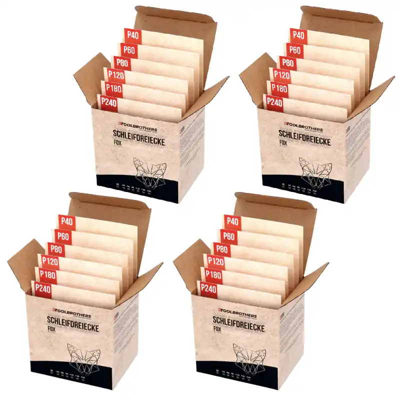 Top-Angebot Toolbrothers FOX Schleifset Delta Schleifdreiecke 4 Packungen 93 x 93 x 93 mm Klett 6 Loch je 40x P40 / P60 / P80 / P120 / P180 / 240 für Hartholz, Weichholz, Lack, Stein, Stahl, Aluminium, Furnier