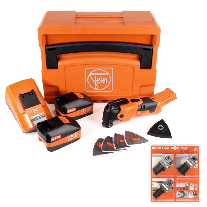 Sonderaktion FEIN Akku-Oszilierer MultiMaster AFMM 18 QCSL Li-Ion 18 V im Systainer + 2x 5,0 Ah Akku + ALG 50 Schnellladegerät + Zubehörset Best of E-Cut Starlock 6 tlg