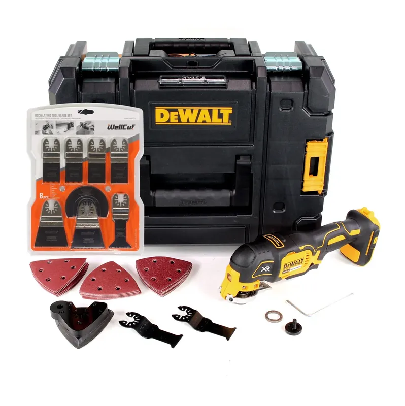 Jetzt Kaufen DeWalt DCS 355 NT Akku Oszillierer Multitool 18 V Brushless + Zubehör + 8x Sägeblätter + TSTAK - ohne Akku, ohne Ladegerät