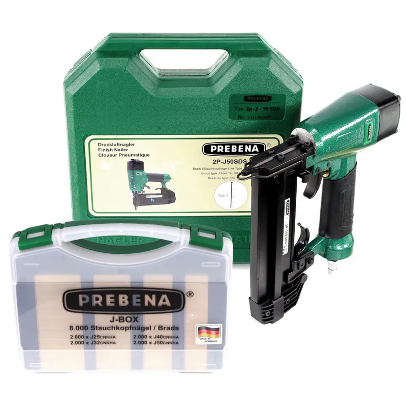 Prebena 2P-J50SDS Luftdruck Druckluftnagler 5-7 bar im Transportkoffer + Prebena J-BOX 8.000 Stauchkopfnägel Top-Seller
