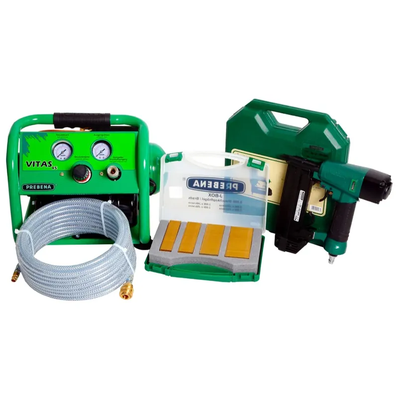 Prebena Komplettpaket 2P-J50SDS Druckluftnagler + Druckluftschlauch 10m + Kompressor VITAS 45 + J-BOX 8.000 Heftklammern Schneller Versand