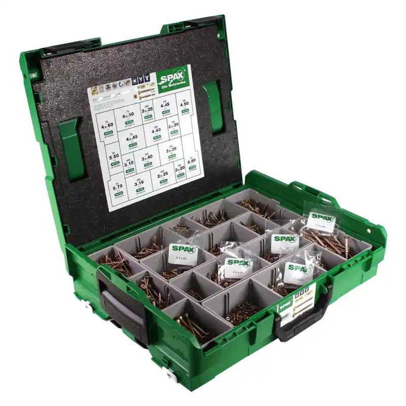 Solange Der Vorrat Reicht SPAX® Montagekoffer Schraubenset 2930 tlg. mit 17 Abmessungen, Senkkopf, Kreuzschlitz Z, 4CUT, YELLOX in L-Boxx ( 5000009164019 )