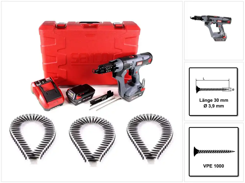 Preisreduziert SENCO DS 5550 18V DuraSpin Magazin Schrauber ( 7W2001N ) mit 2x 3,0 Ah Akkus, Ladegerät und 1000x Feingewinde Schrauben 3,9x30