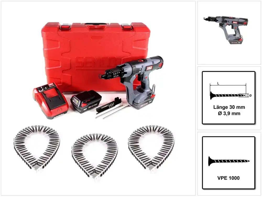Direktkauf SENCO DS 5550 18V DuraSpin Magazin Schrauber ( 7W2001N ) mit 2x 3,0 Ah Akkus, Ladegerät und 1000x Grobgewinde Schrauben 3,9x30