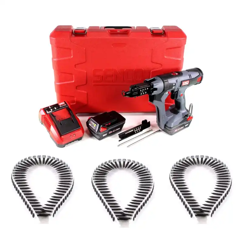 SENCO DS 5550 18V DuraSpin Magazin Schrauber ( 7W2001N ) mit 2x 3,0 Ah Akkus, Ladegerät und 5000x Feingewinde Schrauben 3,9x30 Super-Preis