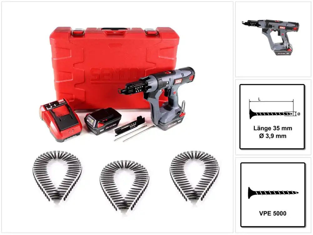 Preis Gesenkt SENCO DS 5550 18V DuraSpin Magazin Schrauber ( 7W2001N ) mit 2x 3,0 Ah Akkus, Ladegerät und 5000x Grobgewinde Schrauben 3,9x35