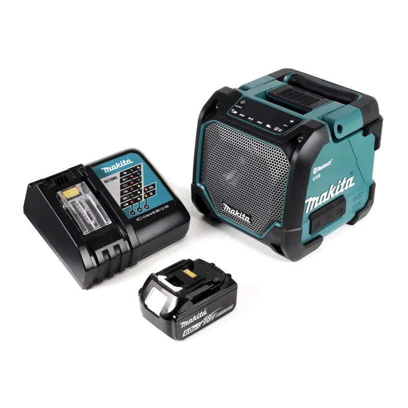 Makita DMR 202 RG1 Baustellen Lautsprecher 18V - für Akku- und Netzbetrieb, mit Bluetooth-Funktion, AUX-Anschluss, USB-Port, LCD Display + 1x 6,0 Ah Akku + Ladegerät Finale Aktion