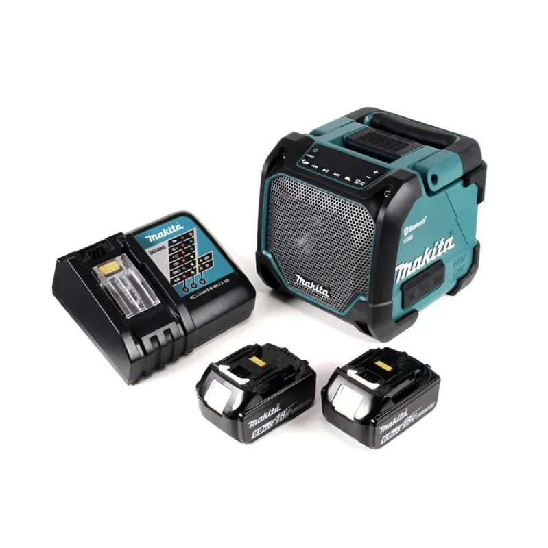 Direkt Vom Hersteller Makita DMR 202 RG Baustellen Lautsprecher 18V - für Akku- und Netzbetrieb, mit Bluetooth-Funktion, AUX-Anschluss, USB-Port, LCD Display + 2x 6,0 Ah Akku + Ladegerät