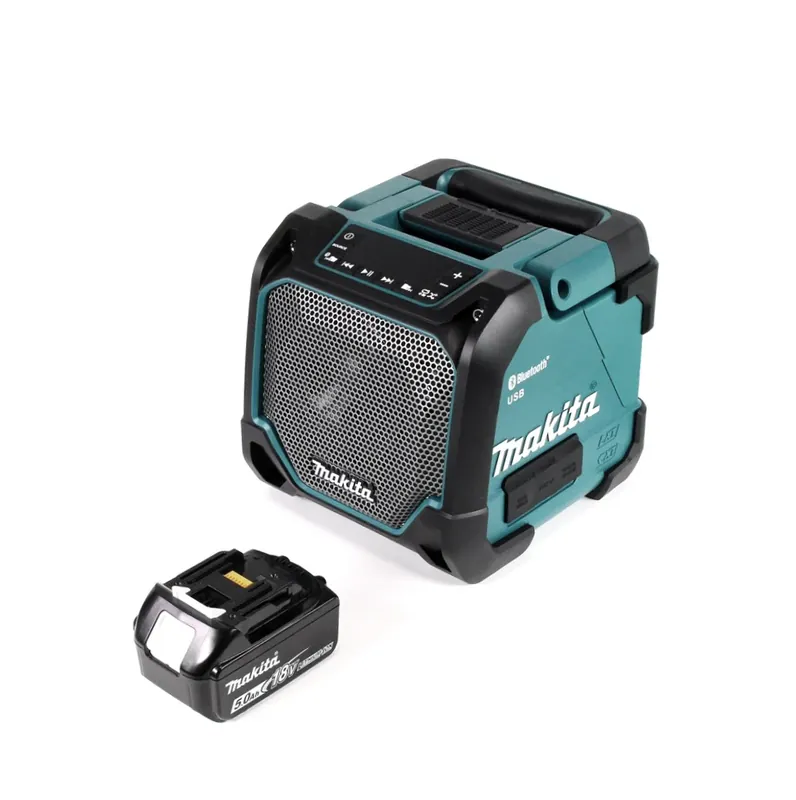 Makita DMR 202 T1 Baustellen Lautsprecher 18V - für Akku- und Netzbetrieb, mit Bluetooth-Funktion, AUX-Anschluss, USB-Port, LCD Display + 1x 5,0 Ah Akku - ohne Ladegerät Knallerangebot