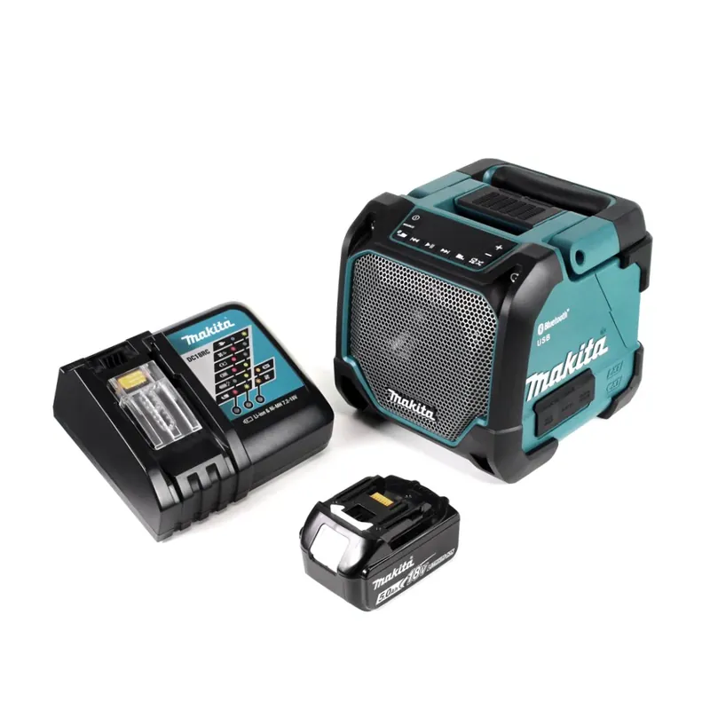 Makita DMR 202 RT1 Baustellen Lautsprecher 18V - für Akku- und Netzbetrieb, mit Bluetooth-Funktion, AUX-Anschluss, USB-Port, LCD Display + 1x Akku 5,0 Ah, Ladegerät 18V Angebot