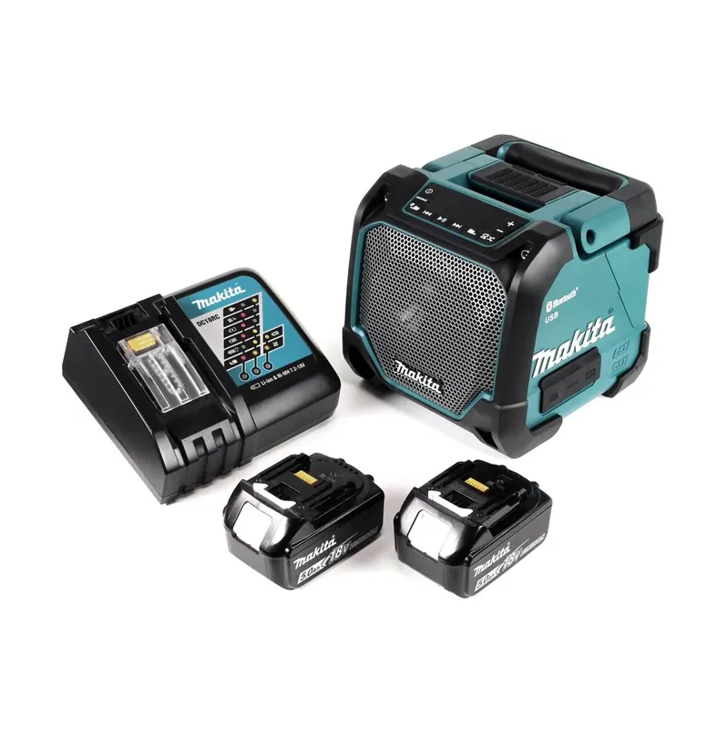 Schnäppchen Makita DMR 202 RT Baustellen Lautsprecher 18V - für Akku- und Netzbetrieb, mit Bluetooth-Funktion, AUX-Anschluss, USB-Port, LCD Display + 2x 5,0 Ah Akku + Ladegerät