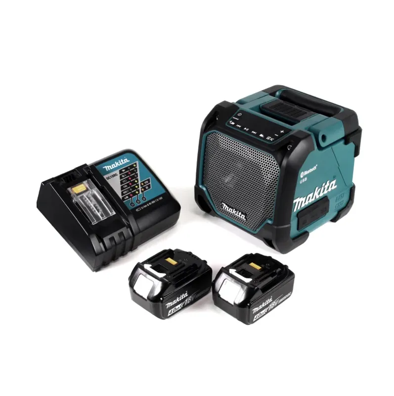 Makita DMR 202 RM Baustellen Lautsprecher 18V - für Akku- und Netzbetrieb, mit Bluetooth-Funktion, AUX-Anschluss, USB-Port, LCD Display + 2x 4,0 Ah Akku + Ladegerät Top-Seller