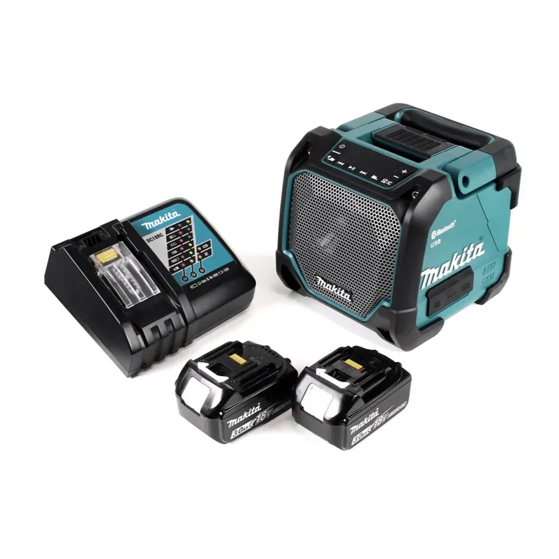 Makita DMR 202 RF Baustellen Lautsprecher 18V - für Akku- und Netzbetrieb, mit Bluetooth-Funktion, AUX-Anschluss, USB-Port, LCD Display + 2x 3,0 Ah Akku + Ladegerät Nur Heute