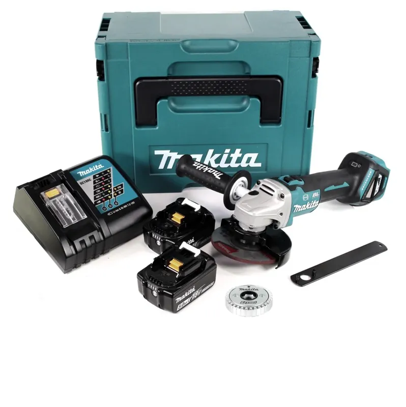 Sonderangebot Makita DGA 513 RTJ Akku Winkelschleifer 18V 125mm Brushless + 2x Akku 5,0Ah + Ladegerät + Ezynut + Makpac