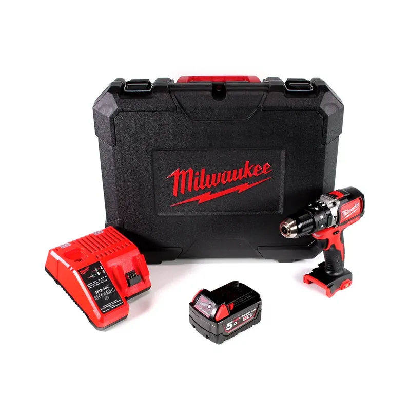 Milwaukee M18 BLPD 501 C Brushless Akku-Schlagbohrschrauber 18V - 13mm Schnellspannbohrfutter + Transportkoffer, Milwaukee M18 B5 Akku 18 V / 5,0 Ah und M12-18C Akku Ladegerät Direktkauf