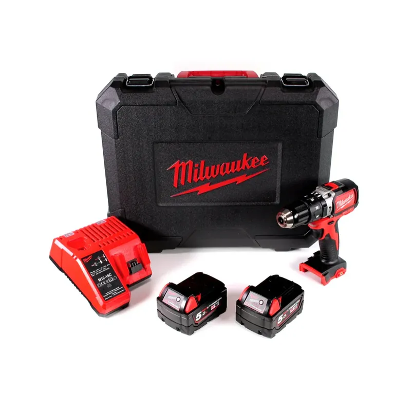 Must-Have Milwaukee M18 BLPD 502 C Brushless Akku-Schlagbohrschrauber 18V - 13mm Schnellspannbohrfutter + Transportkoffer, 2x Milwaukee M18 B5 Akku 18 V / 5,0 Ah und 1x M12-18C Akku Ladegerät