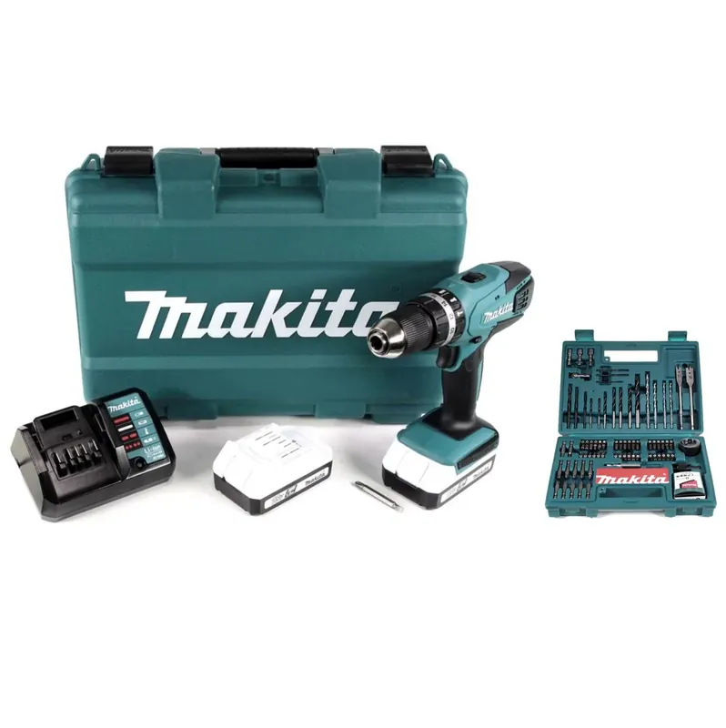 Neue Kollektion Makita HP 457 DWE 18 V Li-Ion Akku Schlagbohrschrauber im Transportkoffer + 2 x 1,5 Ah Akku + Ladegerät + Makita B-53811 Bit & Bohrer-Set 100-teilig mit Bithalter in Kunstoffkoffer