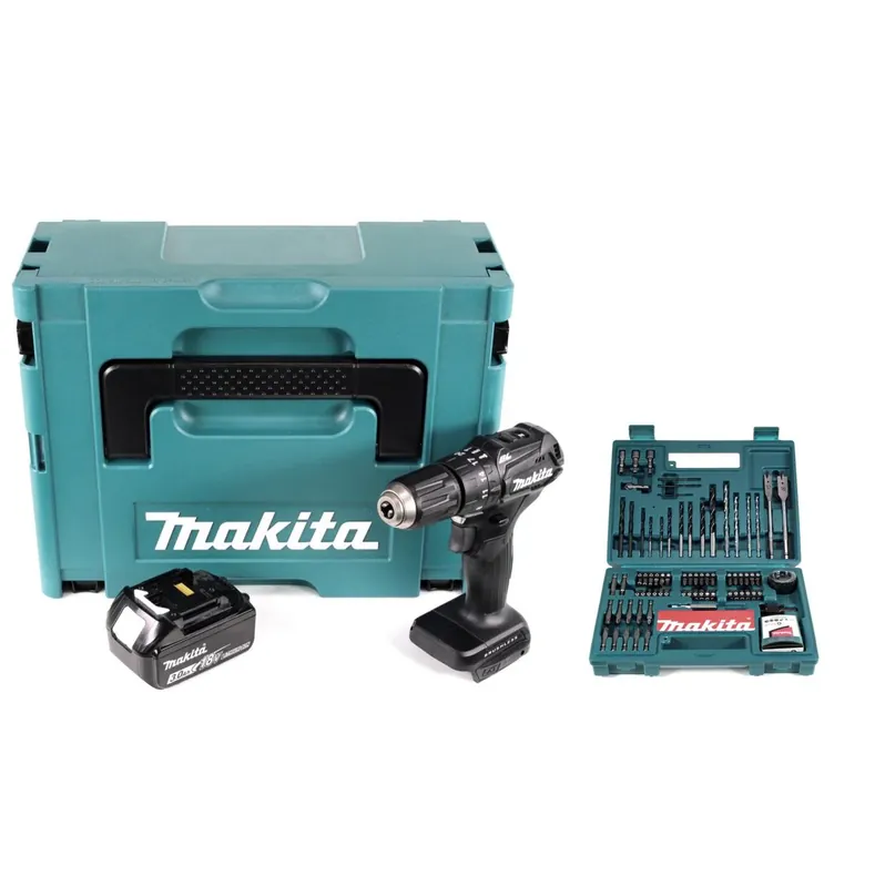Abverkauf Makita DHP 483 F1JB Akku Schlagbohrschrauber 18V 40Nm schwarz im Makpac + 1x 3,0Ah Akku + 100tlg. Bit & Bohrer-Set