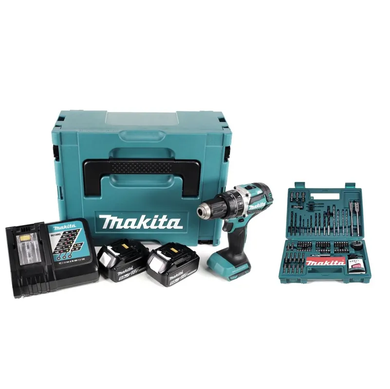 Makita DHP 484 RTJ 18V Brushless Li-Ion Akku Schlagbohrschrauber im Makpac inkl. 2x 5,0 Ah Akku und Ladegerät + Makita B-53811 Bit & Bohrer-Set 100-teilig Super-Preis