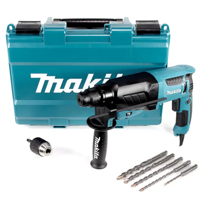 Makita HR 2630 X7 - 800 Watt 2,4 Joule Bohrhammer mit SDS - Plus Aufnahme im Koffer + SDS-VPlus Hammerbohrer-Set 5 tlg. Sichere Zahlung