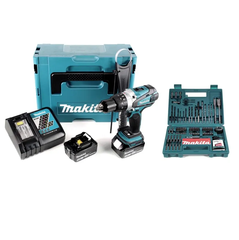 Angebot Makita DHP 458 RTJ Akku Schlagbohrschrauber 18V 91Nm im Makpac + 2x 5,0 Ah Akku + Ladegerät + Makita Bit & Bohrer-Set 100-teilig