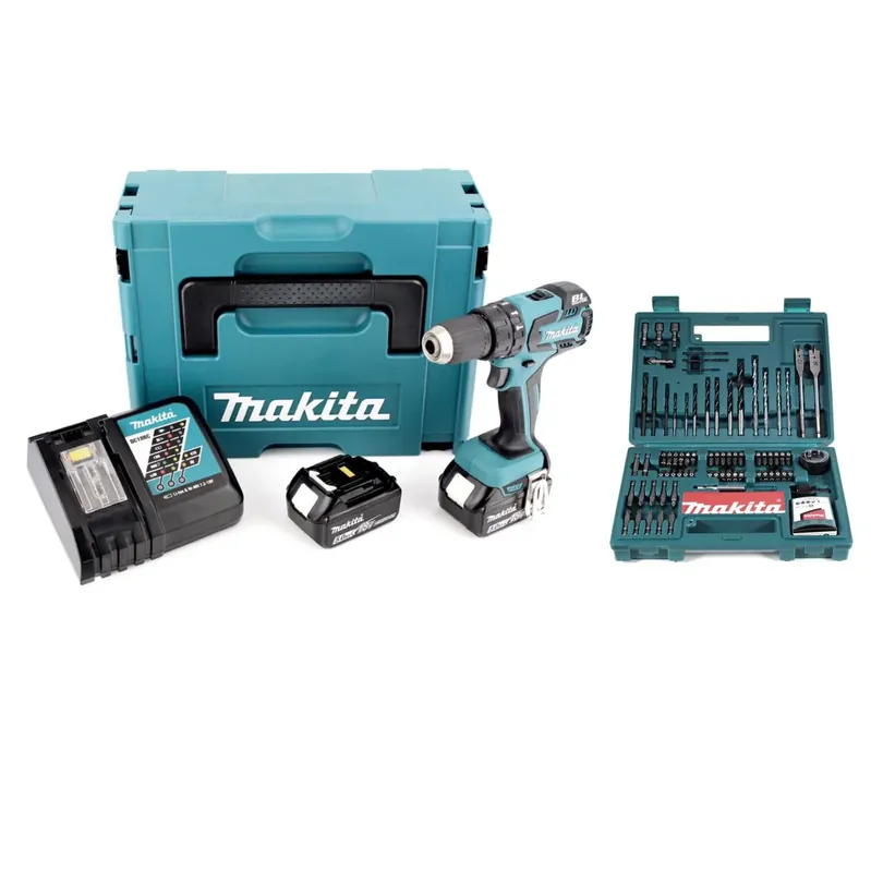 Makita DHP 459 RTJ 18 V Akku Schlagbohrschrauber im Makpac + 2x BL 1850 B 5 Ah Akku + Ladegerät + Makita B-53811 Bit & Bohrer-Set 100-teilig Meistverkauft