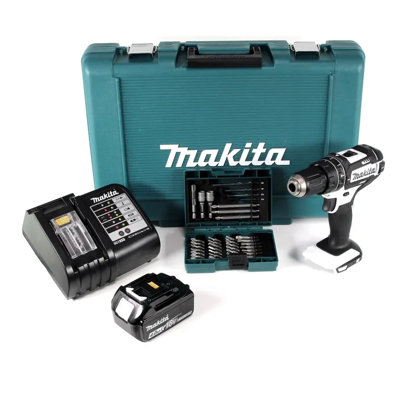 Schneller Versand Makita DHP 482 SM1W Akku Schlagbohrschrauber 18V 62Nm im Transportkoffer + 4,0 Ah Akku + Ladegerät + 38 tlg. Bit- & Bohrer Set