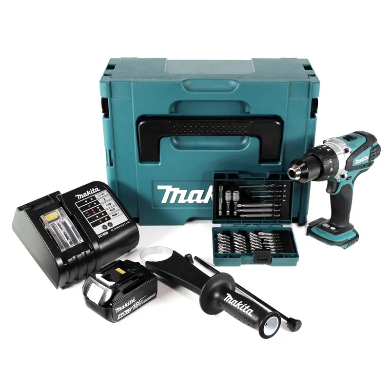 Nur Heute Makita DHP 458 SM1J Akku Schlagbohrschrauber 18V 91Nm im Makpac + 4,0 Ah Akku + Ladegerät + 38 tlg. Bit- & Bohrer Set