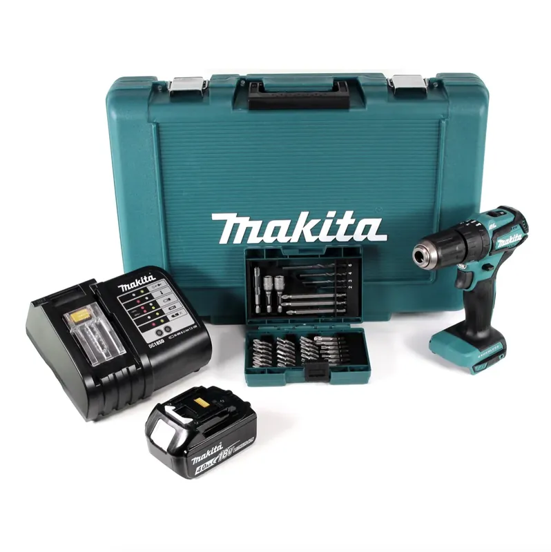 Makita DHP 483 SM1 Akku Schlagbohrschrauber 18V 40Nm im Transportkoffer + 1x 4,0 Ah Akku + Ladegerät + 38 tlg. Bit- & Bohrer Set Online Kaufen