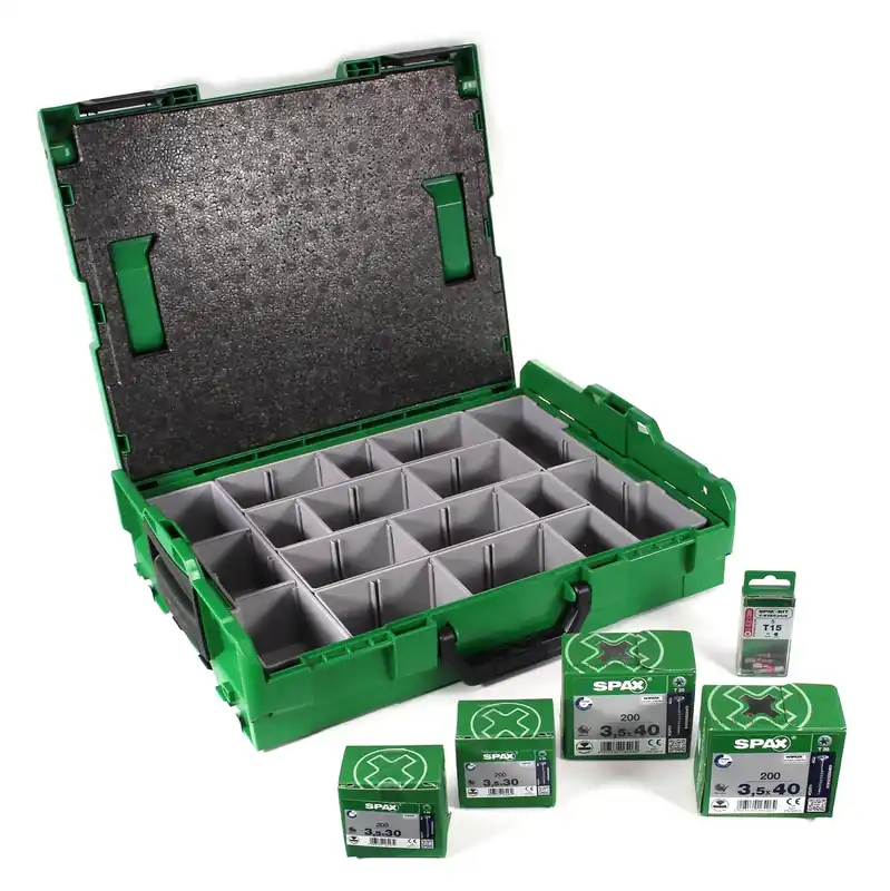 Aktuell SPAX Montagekoffer Sortimo L-Boxx Aufbewahrungskoffer für Schrauben + 805 tlg. Zubehör-Set mit Senkmultikopfschrauben + Bits T-STAR plus