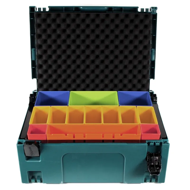 Billig Makita MAKPAC 2 Systemkoffer + Boxeneinsatz mit farbigen Boxen P-83652 + Deckeleinlage Schaumstoff