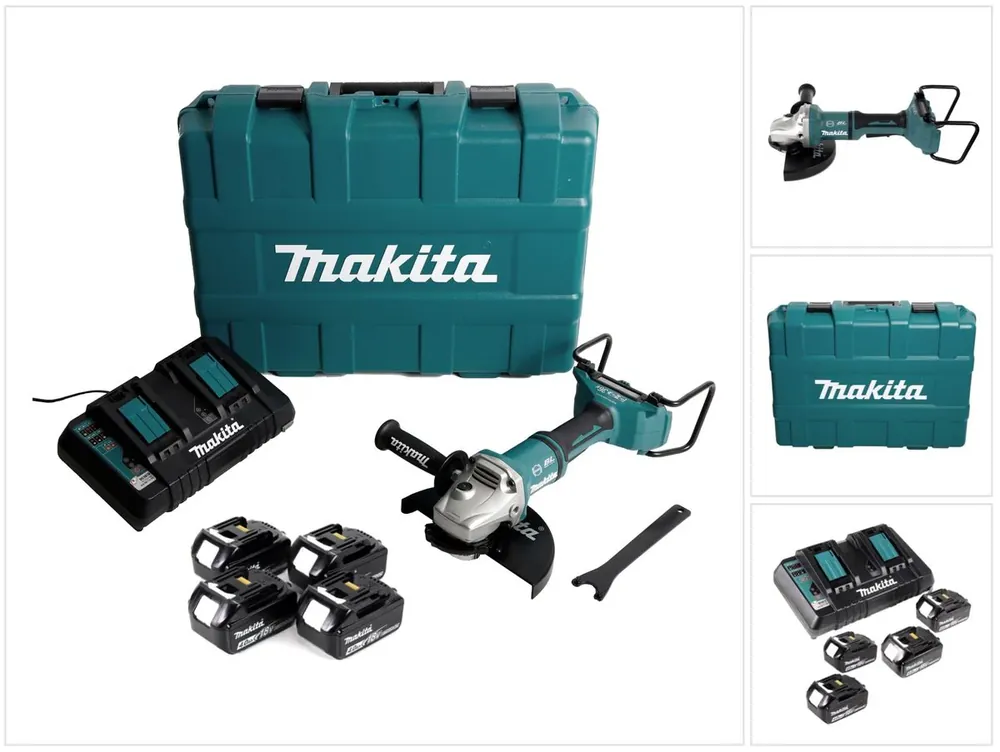 Makita DGA 900 PM4KX2 Akku Winkelschleifer 36V ( 2x18V ) 230mm Brushless + 4x Akku 4,0Ah + Doppelladegerät + Ezynut + Koffer Highlight