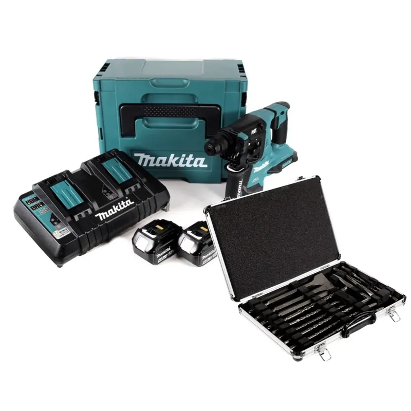 Makita DHR 280 PMJ Brushless Akku Bohrhammer 28 mm 2x 18 V für SDS-PLUS im Makpac + 2x 4,0 Ah Akku + Doppelladegerät + 17tlg. Bohrer und Meißel Set Top-Preis