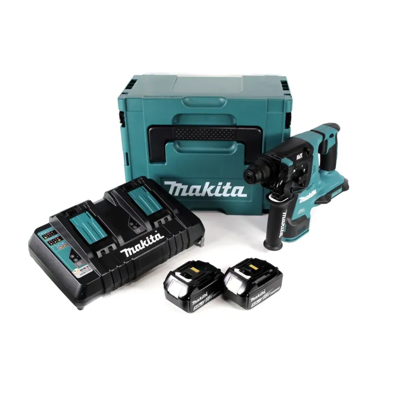 Saisonangebot Makita DHR 280 PTJ 2 x 18 V 36 V Li-Ion Akku Bohrhammer Brushless 28 mm für SDS-PLUS im Makpac + 2 x 5,0 Ah Akku + Doppelladegerät